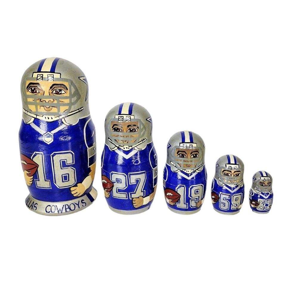VTG Dallas Cowboys Russian Nesting Dolls NFL Wood Hand Painted Five Complete Set